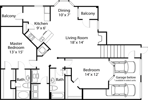 the floor plan of a bedroom apartment with a living room and a dining room